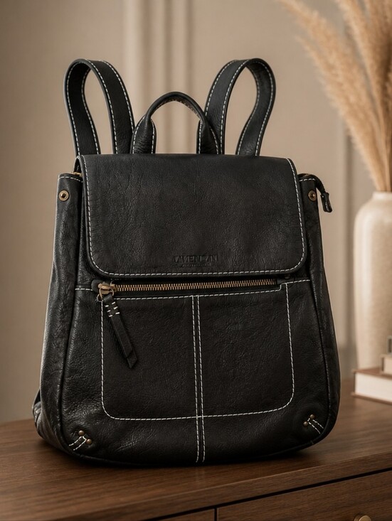 American Leather Co. Handbags - Black Leather Convertible Backpack with Contrast Stitching